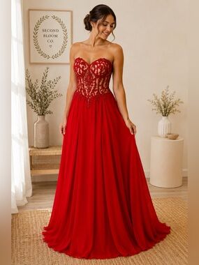 Coya Collection Medium Red Beaded Strapless Corset Back Formal Prom Gown Med